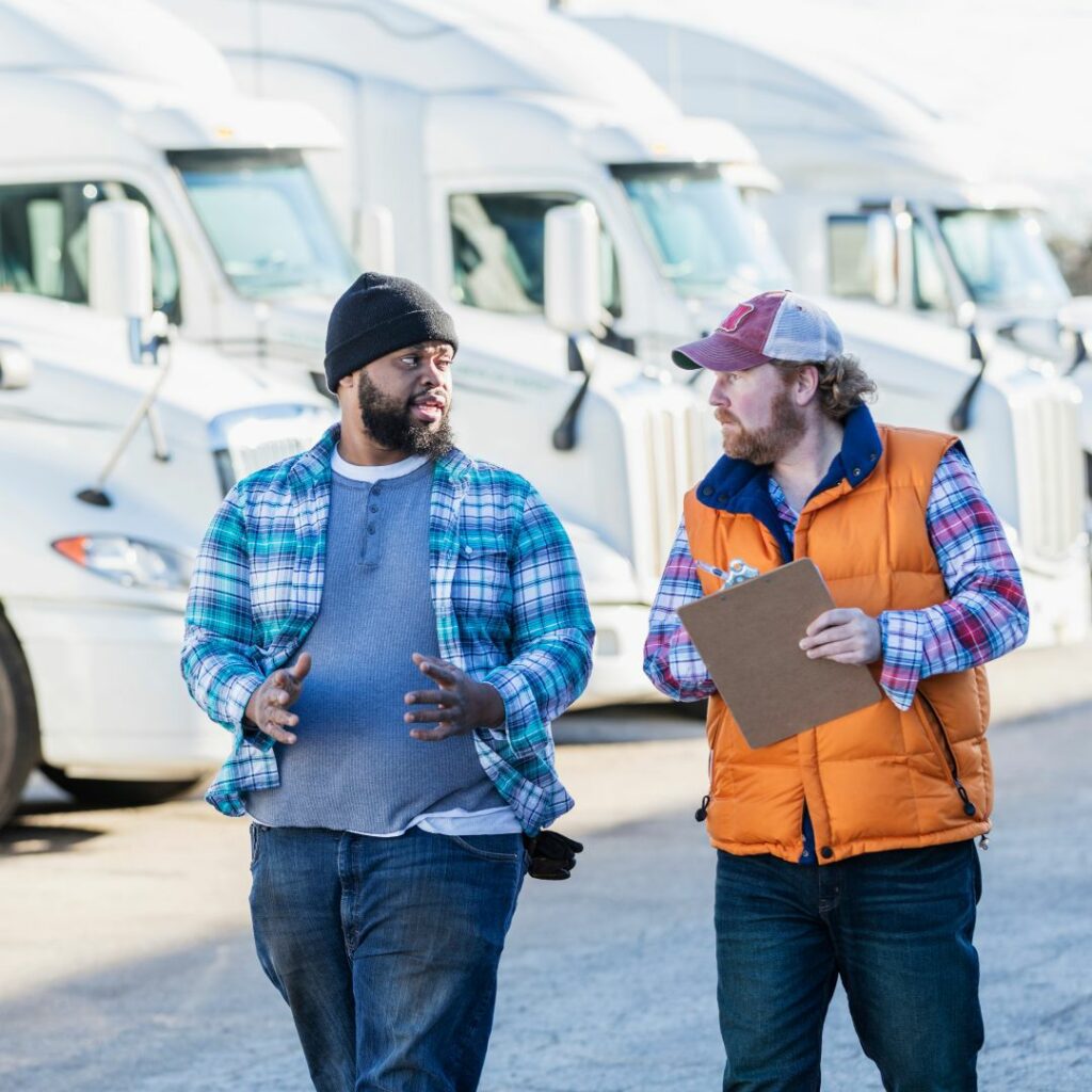 Two male fleet workers talking
