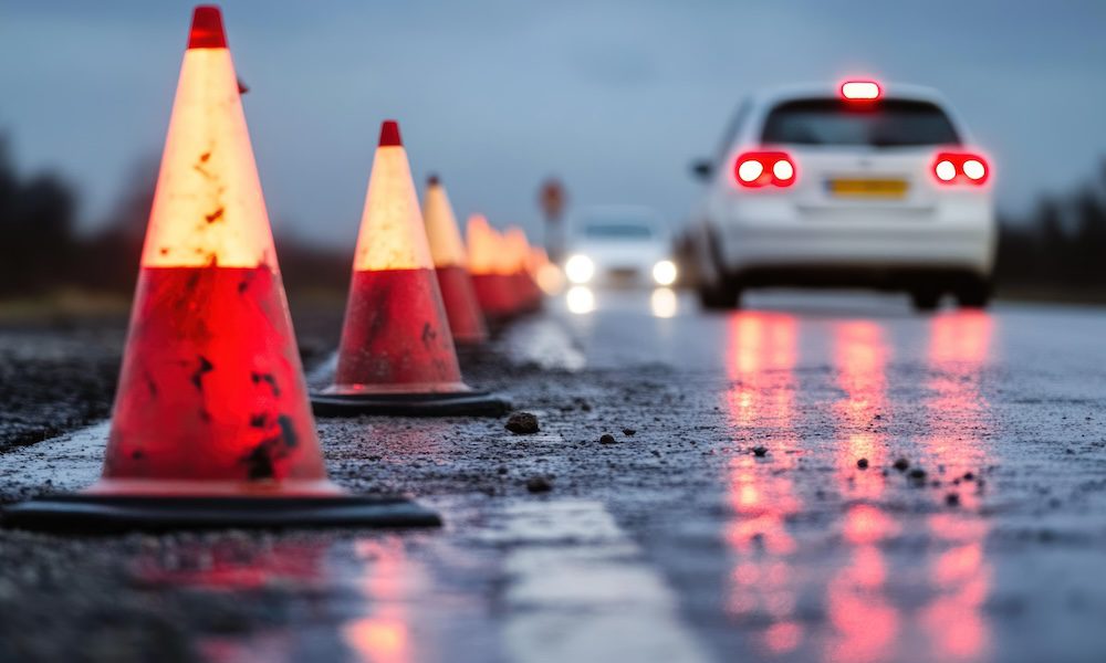 Vehicle-Risk-Management - A car driving down a road with traffic cones